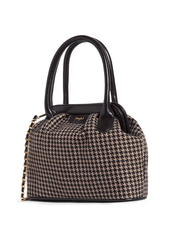 Berrylush Women Brown Houndstooth Printed Two-Handle Detachable Strap Embellished Handheld Bag