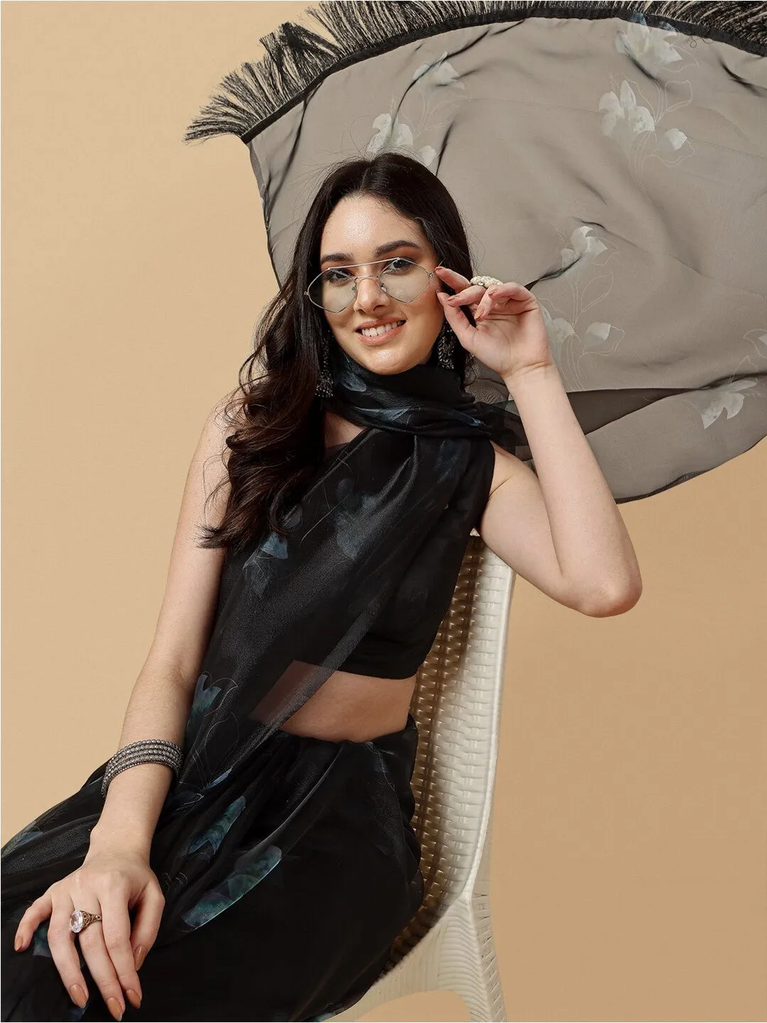Black Floral Organza Saree