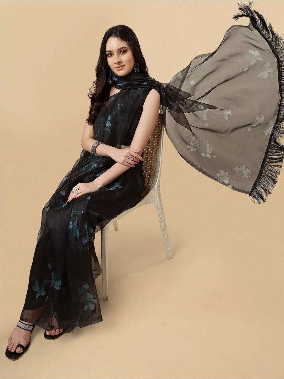 Black Floral Organza Saree