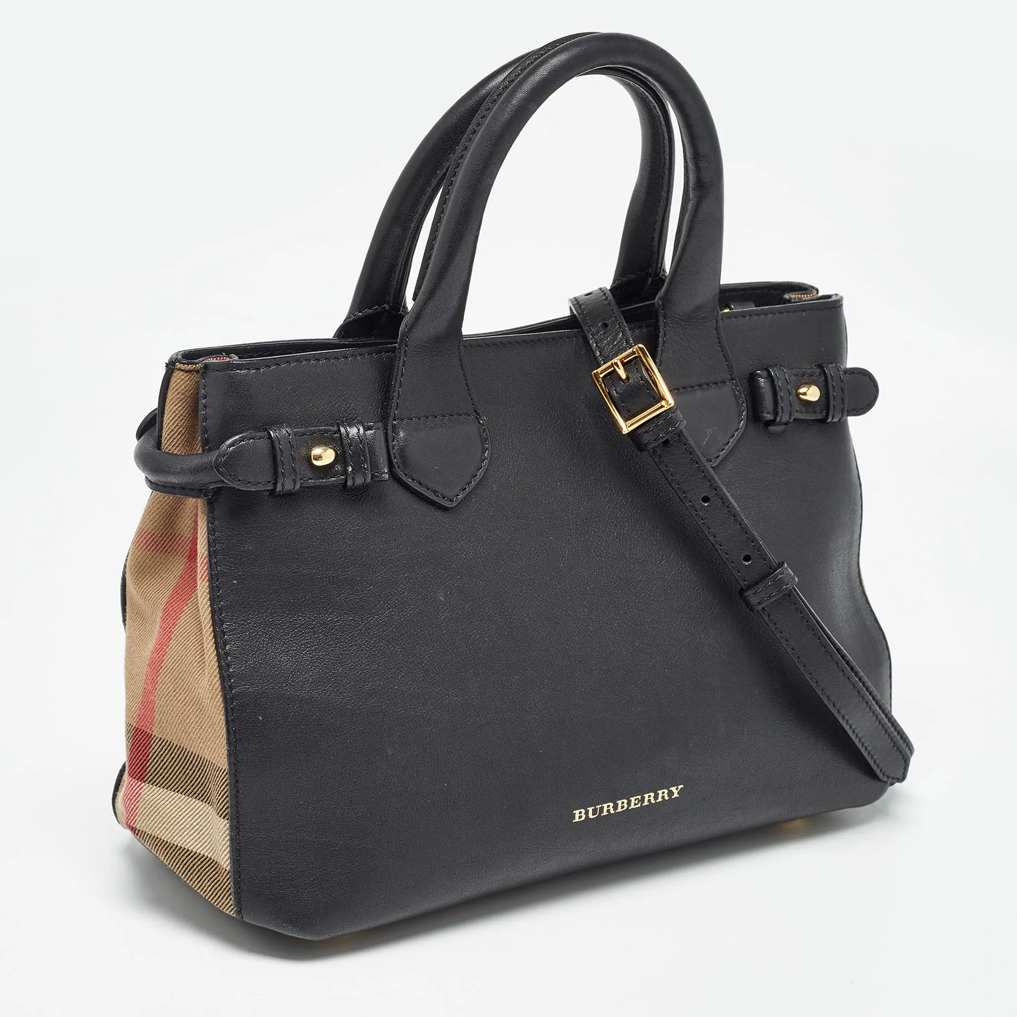 BURBERRY Black/Beige Leather and House Check Canvas Small Banner Tote