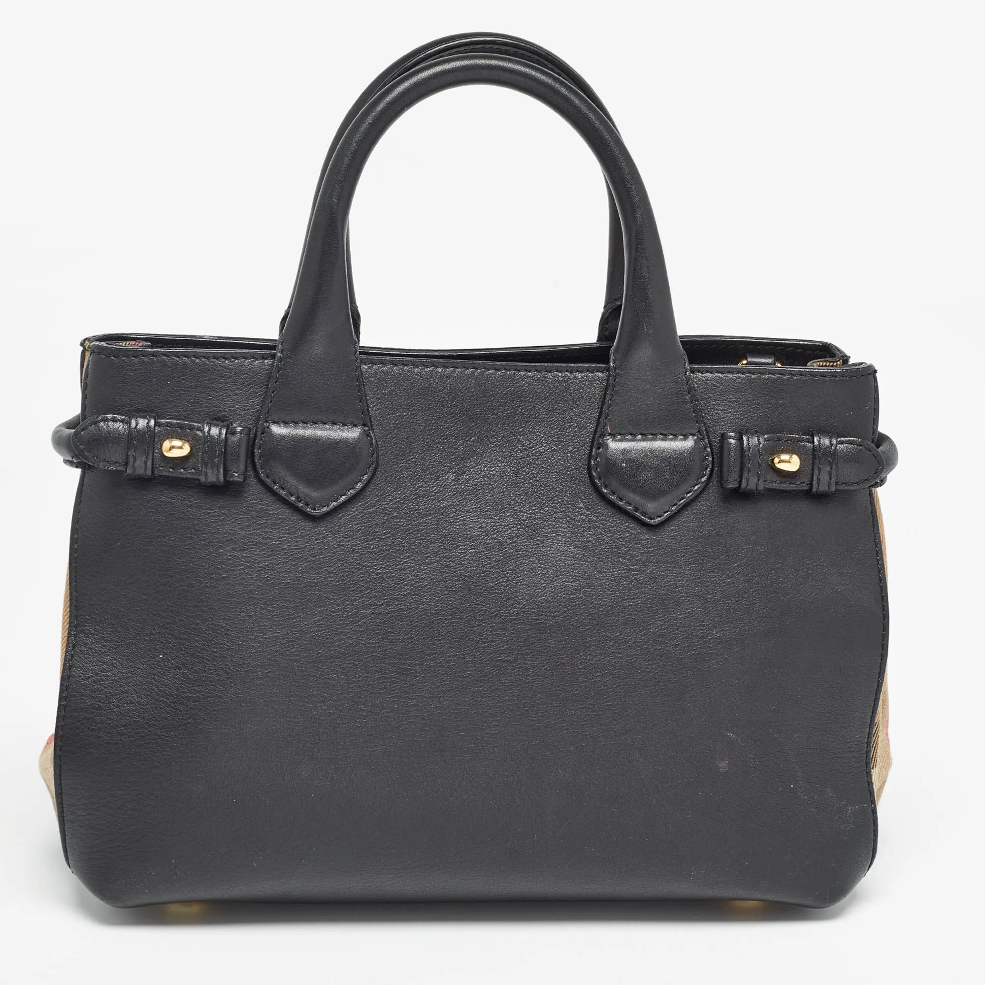 BURBERRY Black/Beige Leather and House Check Canvas Small Banner Tote