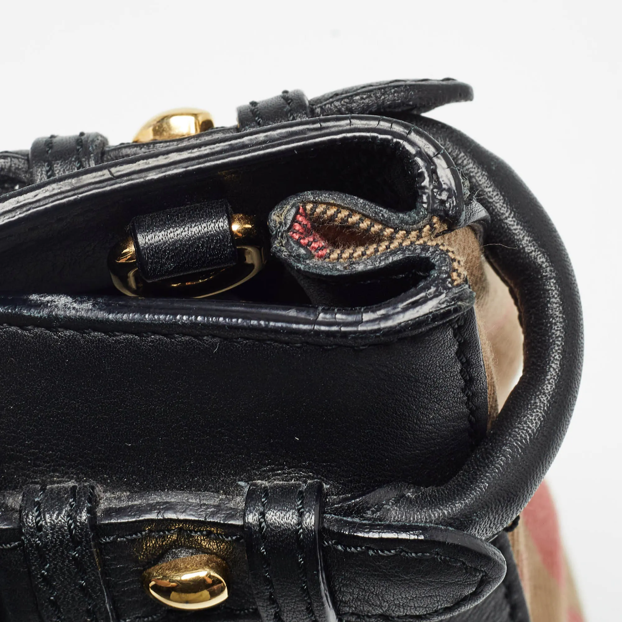 BURBERRY Black/Beige Leather and House Check Canvas Small Banner Tote