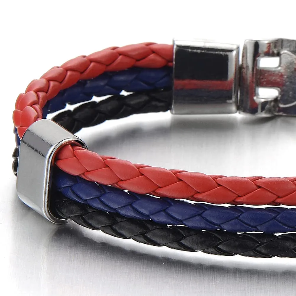 Colorful Black Red Blue Three Strand Rows Braided Leather Bracelet for Man for Women