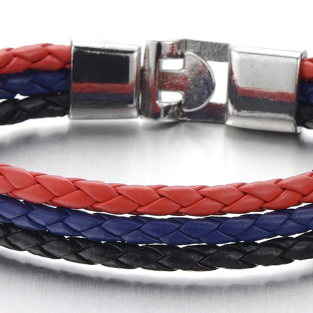 Colorful Black Red Blue Three Strand Rows Braided Leather Bracelet for Man for Women