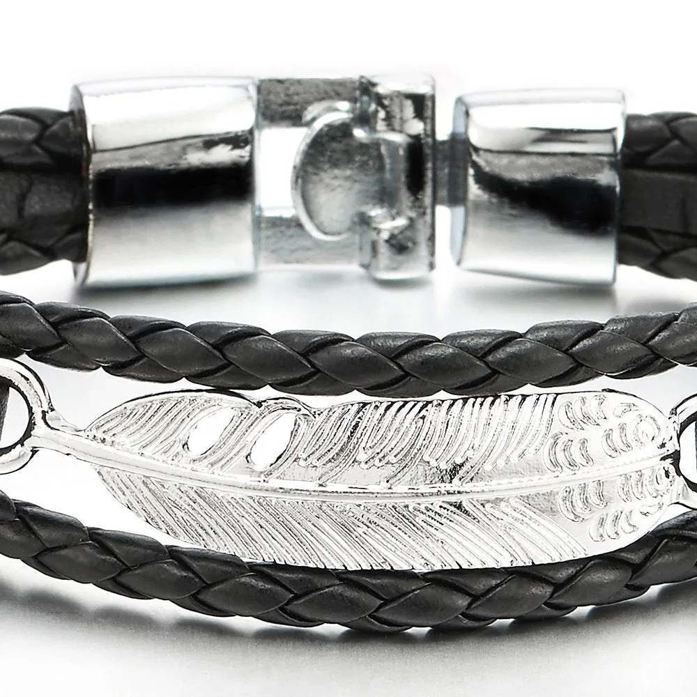 Feather Black Braided Leather Bracelet for Men Women Three-Row Leather Wristband