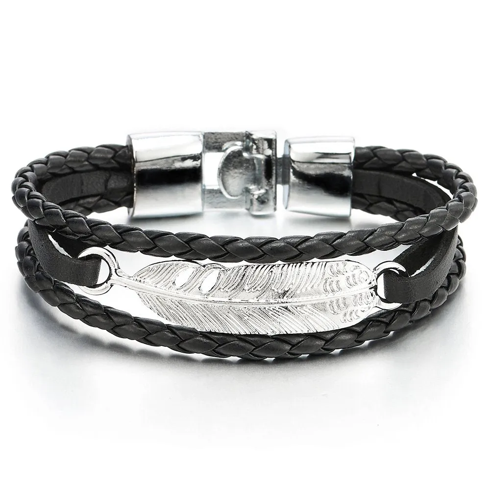 Feather Black Braided Leather Bracelet for Men Women Three-Row Leather Wristband