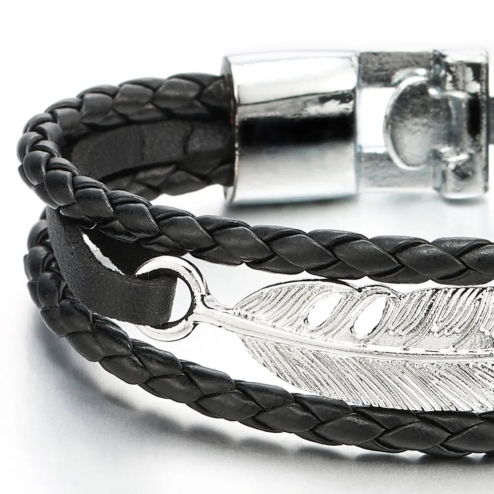 Feather Black Braided Leather Bracelet for Men Women Three-Row Leather Wristband