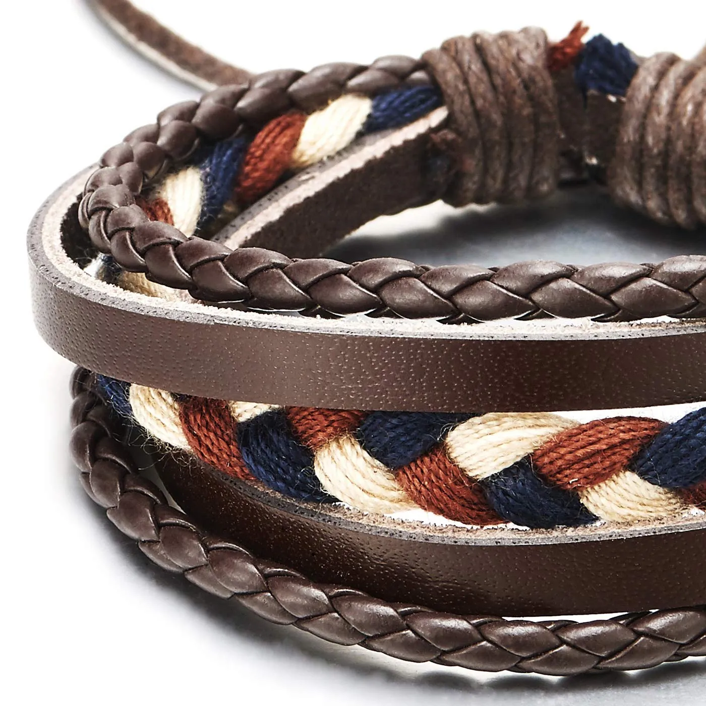 Hand-Made Men Women Multi-Strand Brown Braided Leather Blue White Brown Braided Cotton Rope Bracelet