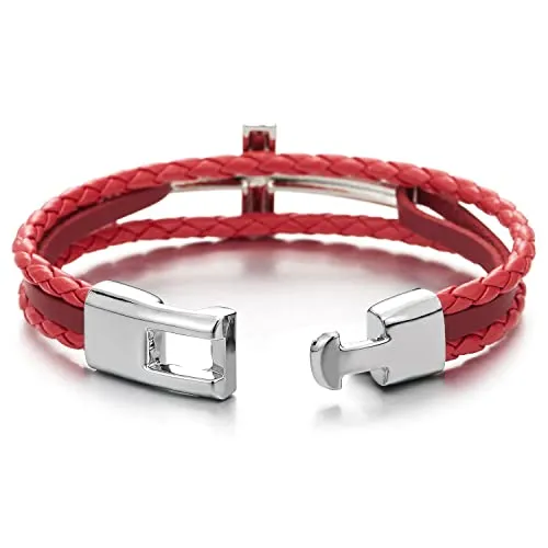 Horizontal Sideway Lateral Cross Red Braided Leather Bangle Wristband Bracelet, Three-Row