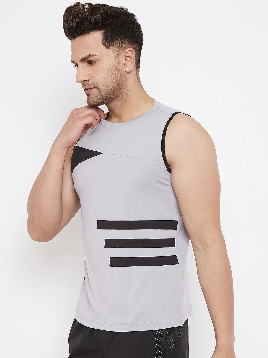 JUMP USA Men Grey & Black Striped Active Wear T-shirt