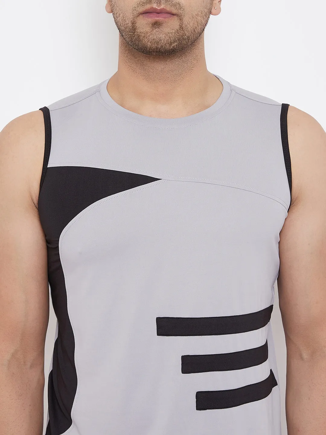 JUMP USA Men Grey & Black Striped Active Wear T-shirt