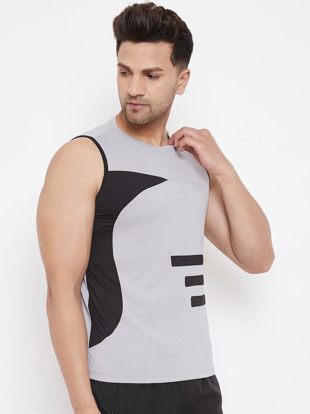 JUMP USA Men Grey & Black Striped Active Wear T-shirt