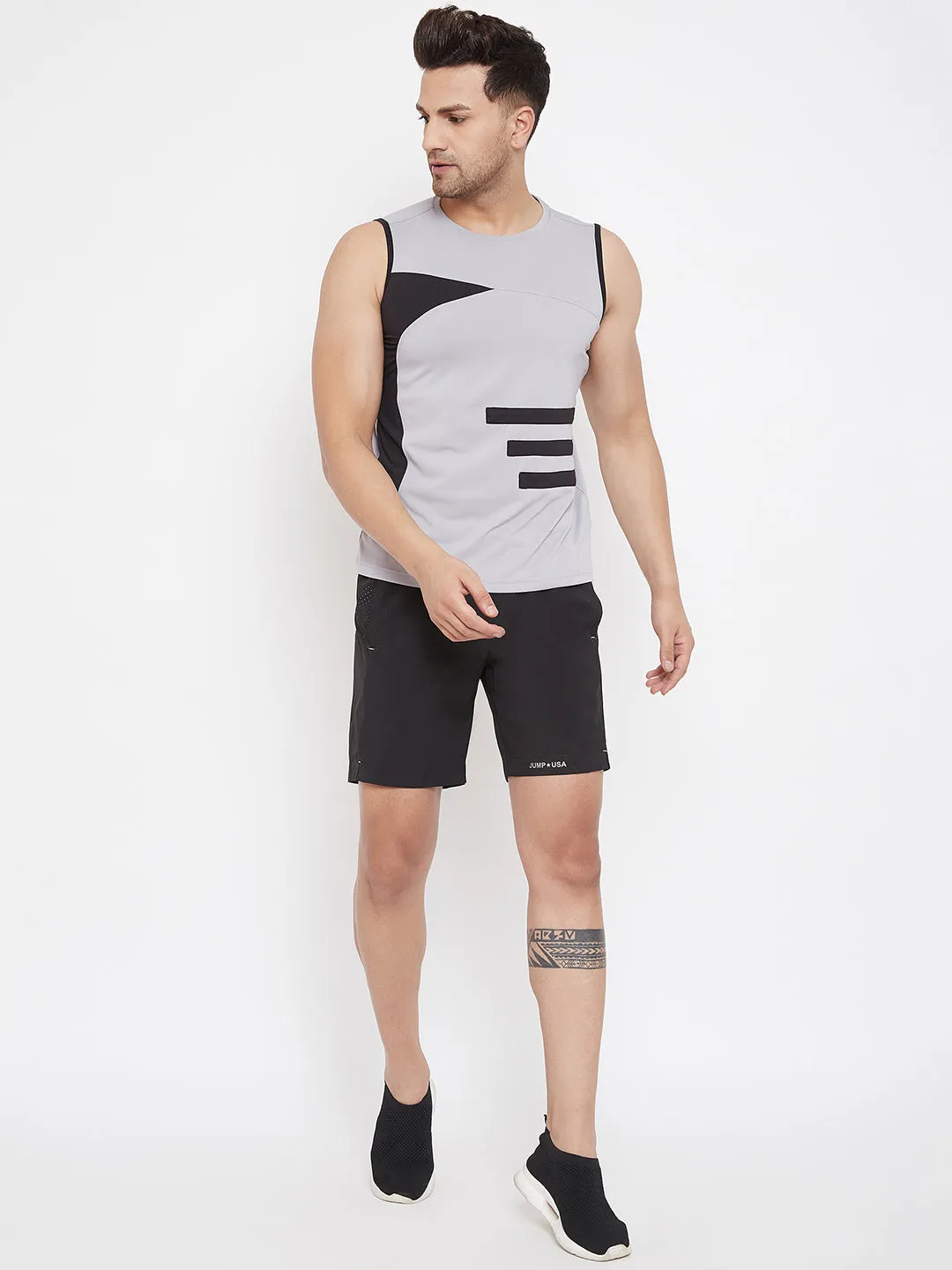 JUMP USA Men Grey & Black Striped Active Wear T-shirt