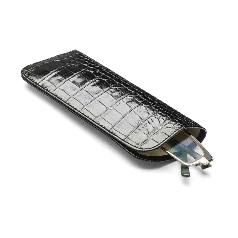 Large Leather Glasses Case - Black Croc