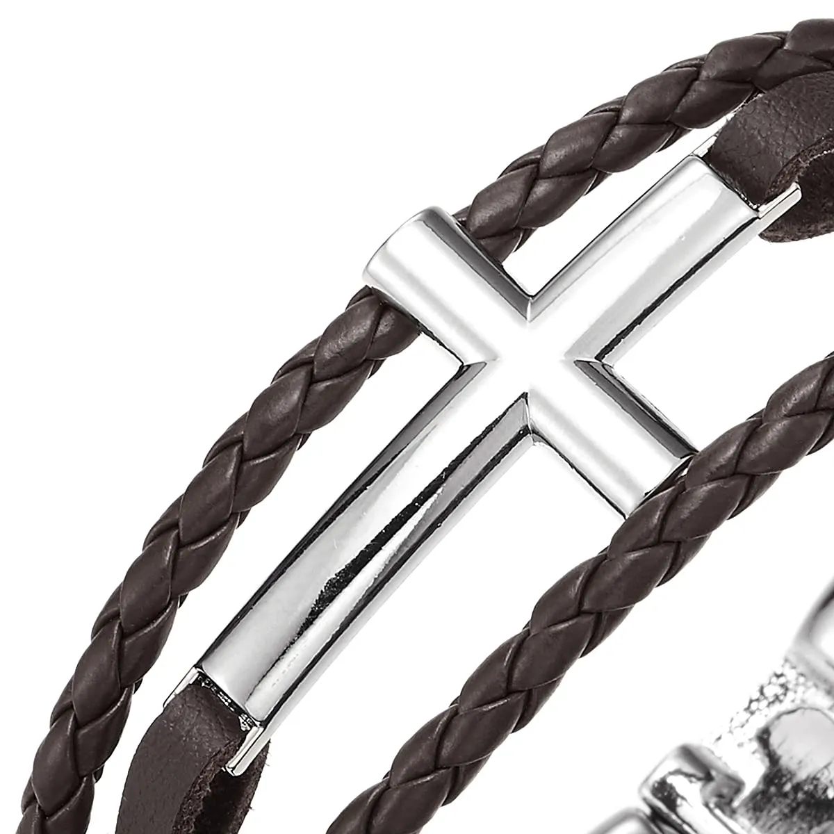 Men Women Horizontal Sideway Lateral Cross Brown Braided Leather Bangle Wristband Bracelet Three-Row