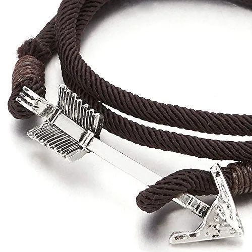 Mens Women Multi-Strand Brown Cotton Rope Wrap Bracelet Wristband with Arrow Hook Closure
