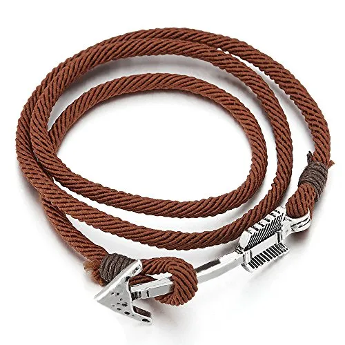Mens Women Multi-Strand Brown Cotton Rope Wrap Bracelet Wristband with Arrow Hook Closure
