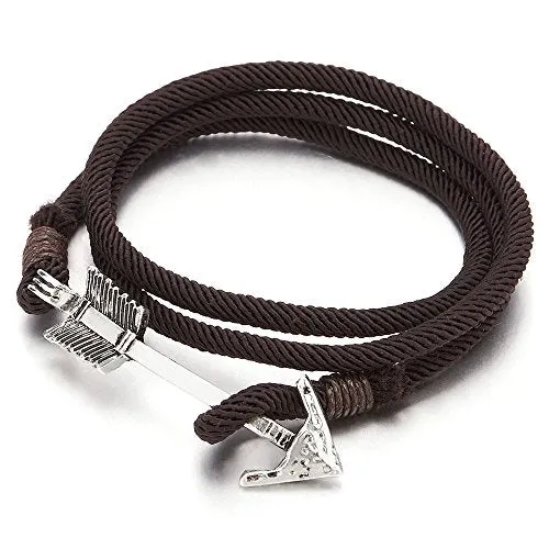 Mens Women Multi-Strand Brown Cotton Rope Wrap Bracelet Wristband with Arrow Hook Closure