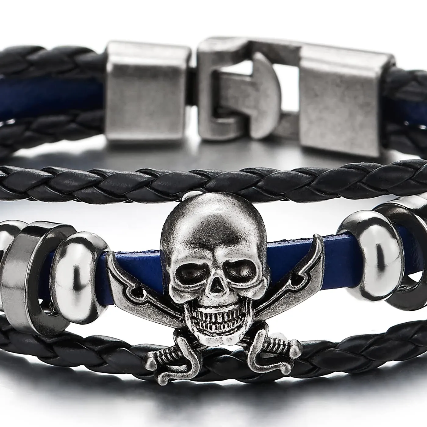 Mens Women Sword Pirate Skull Blue Braided Leather Bracelet Multi-Strand Leather Wristband Bracelet
