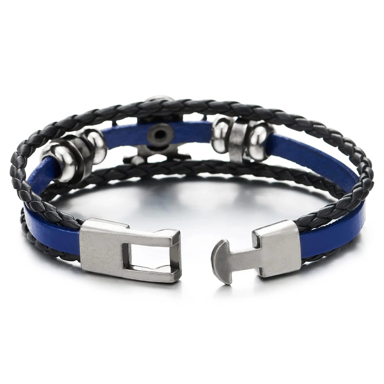 Mens Women Sword Pirate Skull Blue Braided Leather Bracelet Multi-Strand Leather Wristband Bracelet