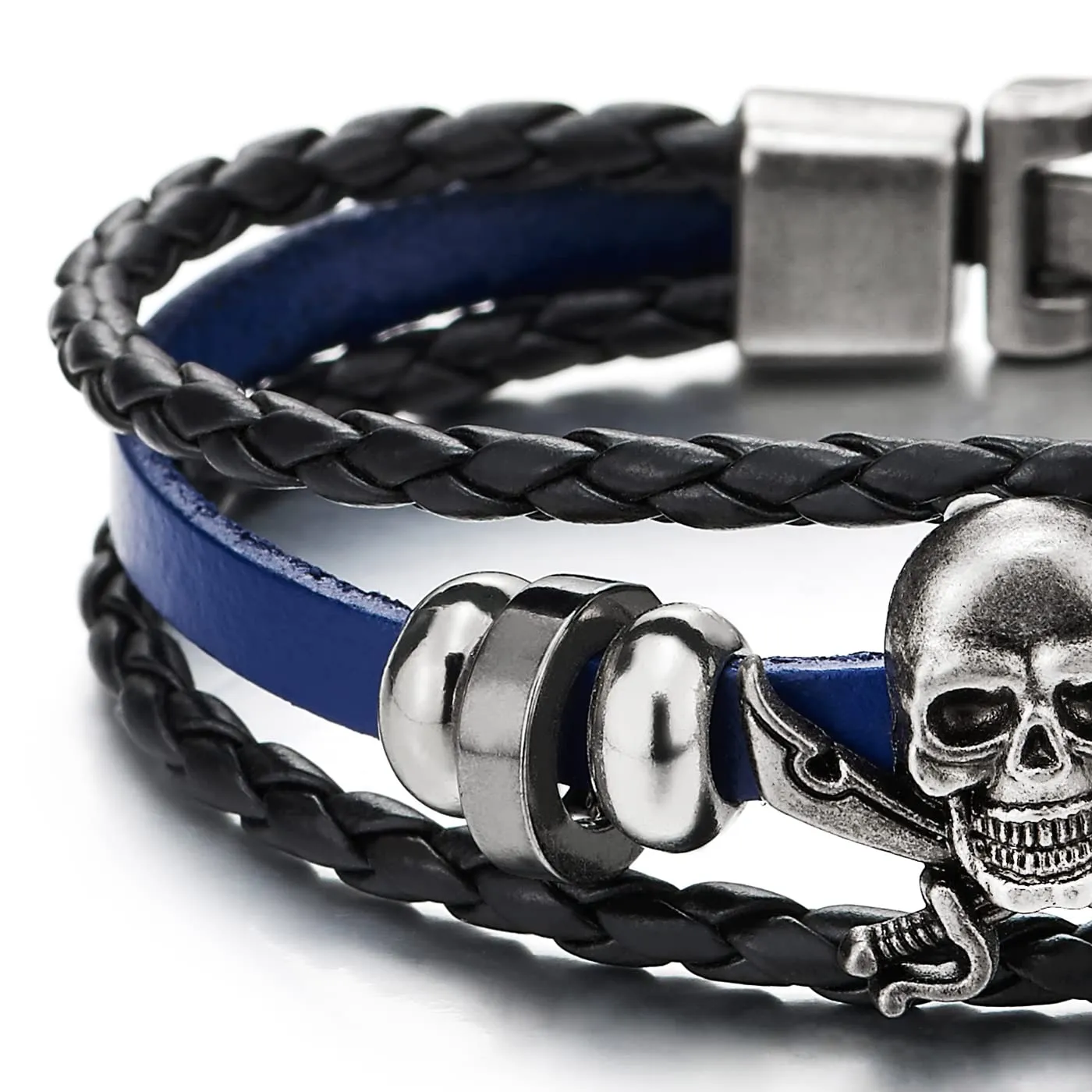 Mens Women Sword Pirate Skull Blue Braided Leather Bracelet Multi-Strand Leather Wristband Bracelet