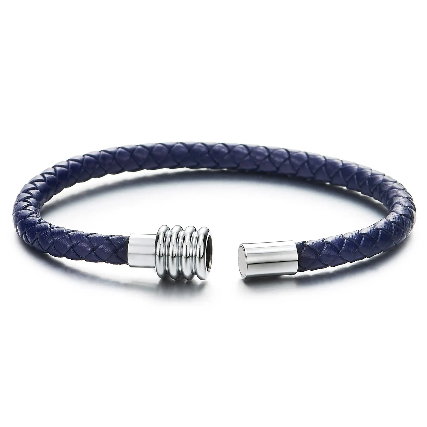 Mens Womens Braided Blue Leather Bangle Bracelet with Magnetic Clasp
