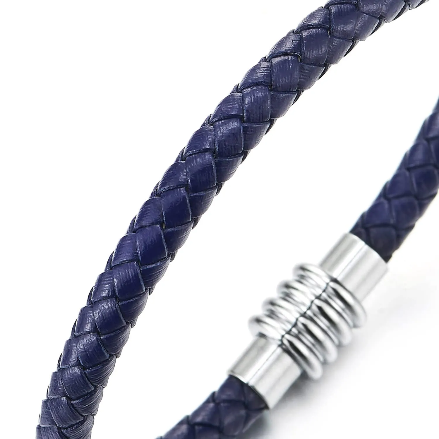 Mens Womens Braided Blue Leather Bangle Bracelet with Magnetic Clasp