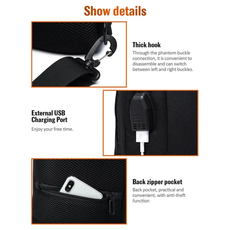 OZUKO 9223 Anti-theft Men Chest Bag Waterproof Crossbody Bag with External USB Charging Port, Style:Standard Size(Black)