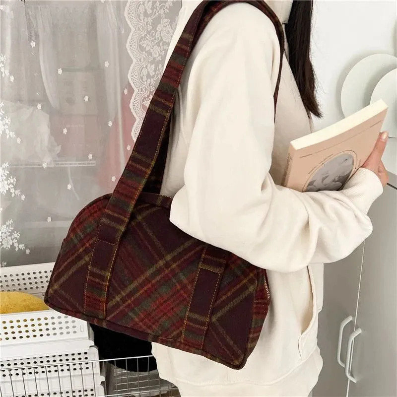 TAVIMART  -  New Vintage Woolen Plaid Tote Bags Casual Handbag Korean All-match Design Fashion Women Shoulder Bag