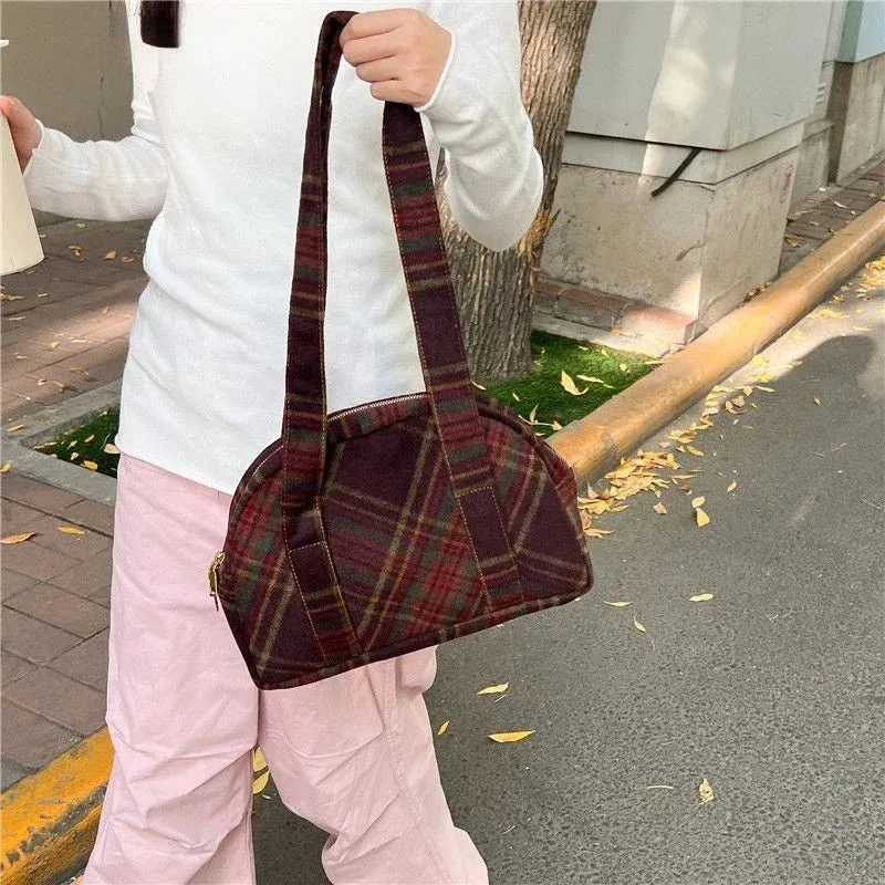 TAVIMART  -  New Vintage Woolen Plaid Tote Bags Casual Handbag Korean All-match Design Fashion Women Shoulder Bag