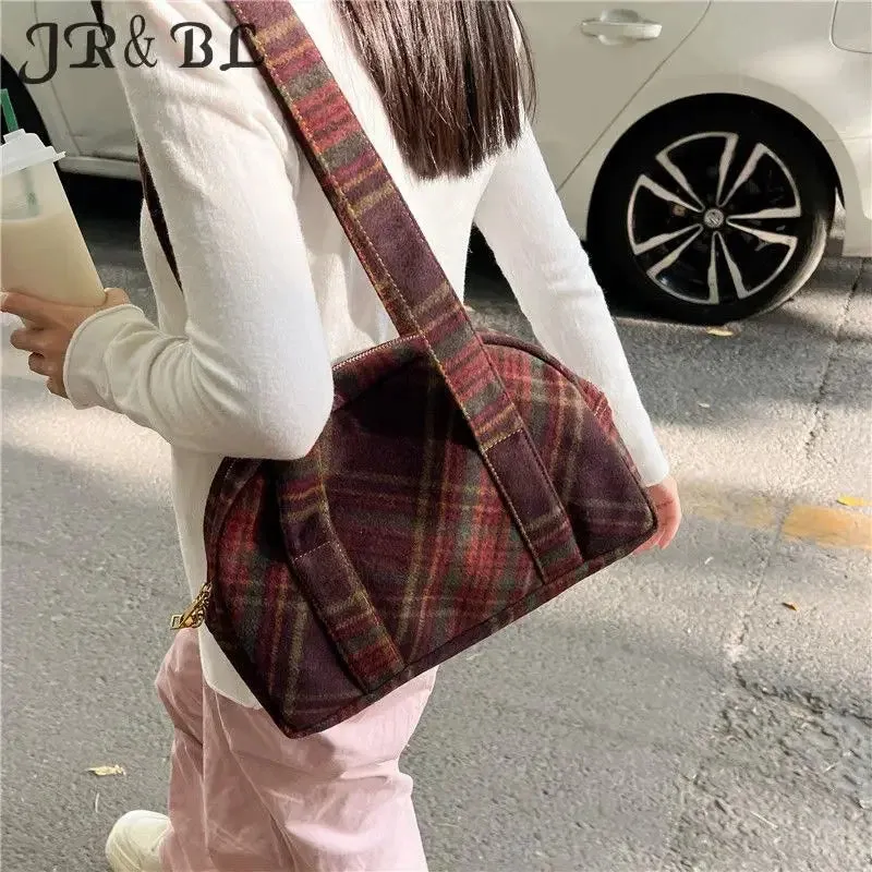 TAVIMART  -  New Vintage Woolen Plaid Tote Bags Casual Handbag Korean All-match Design Fashion Women Shoulder Bag