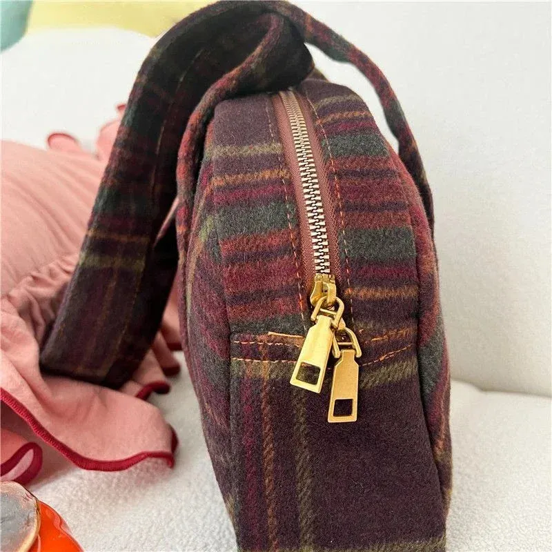 TAVIMART  -  New Vintage Woolen Plaid Tote Bags Casual Handbag Korean All-match Design Fashion Women Shoulder Bag
