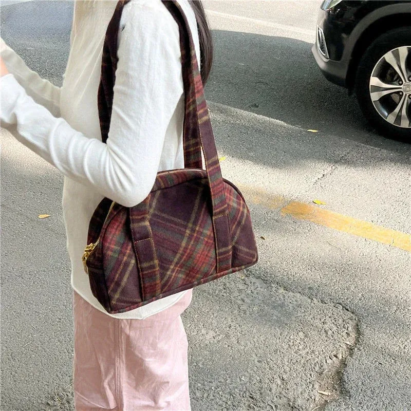 TAVIMART  -  New Vintage Woolen Plaid Tote Bags Casual Handbag Korean All-match Design Fashion Women Shoulder Bag