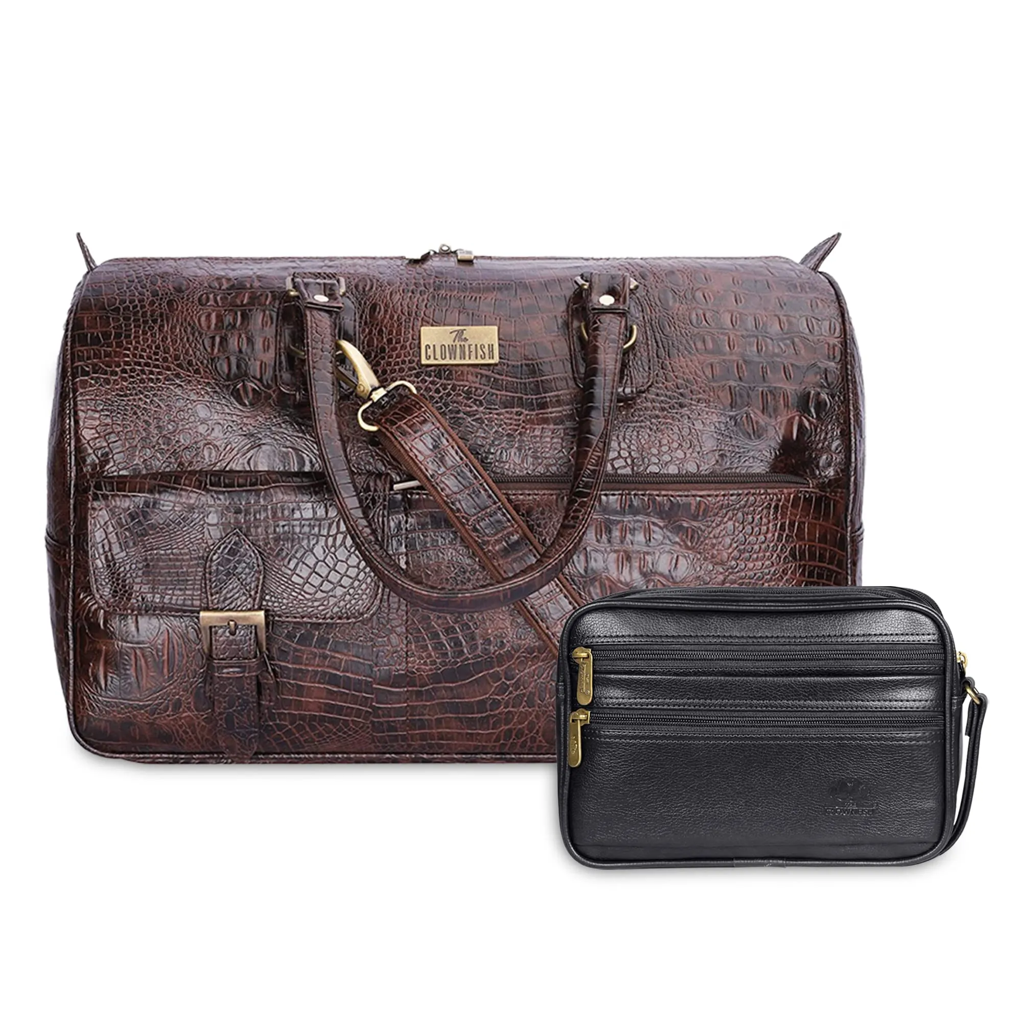 THE CLOWNFISH Men Combo Of Travel Accessories Pouch Cash Money Pouch Coin Purse (Black) & Crocodile Faux Leather 34 Ltr Travel Duffle Bag (Dark Brown)
