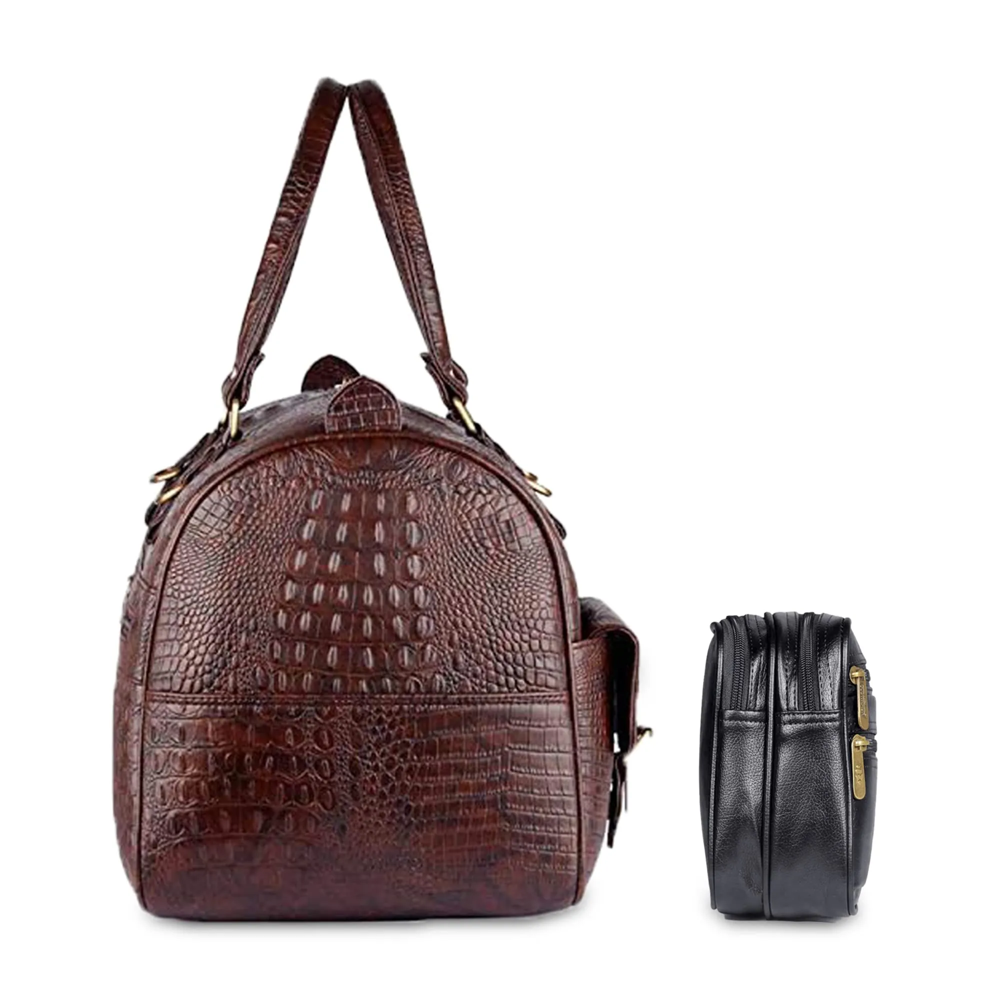 THE CLOWNFISH Men Combo Of Travel Accessories Pouch Cash Money Pouch Coin Purse (Black) & Crocodile Faux Leather 34 Ltr Travel Duffle Bag (Dark Brown)
