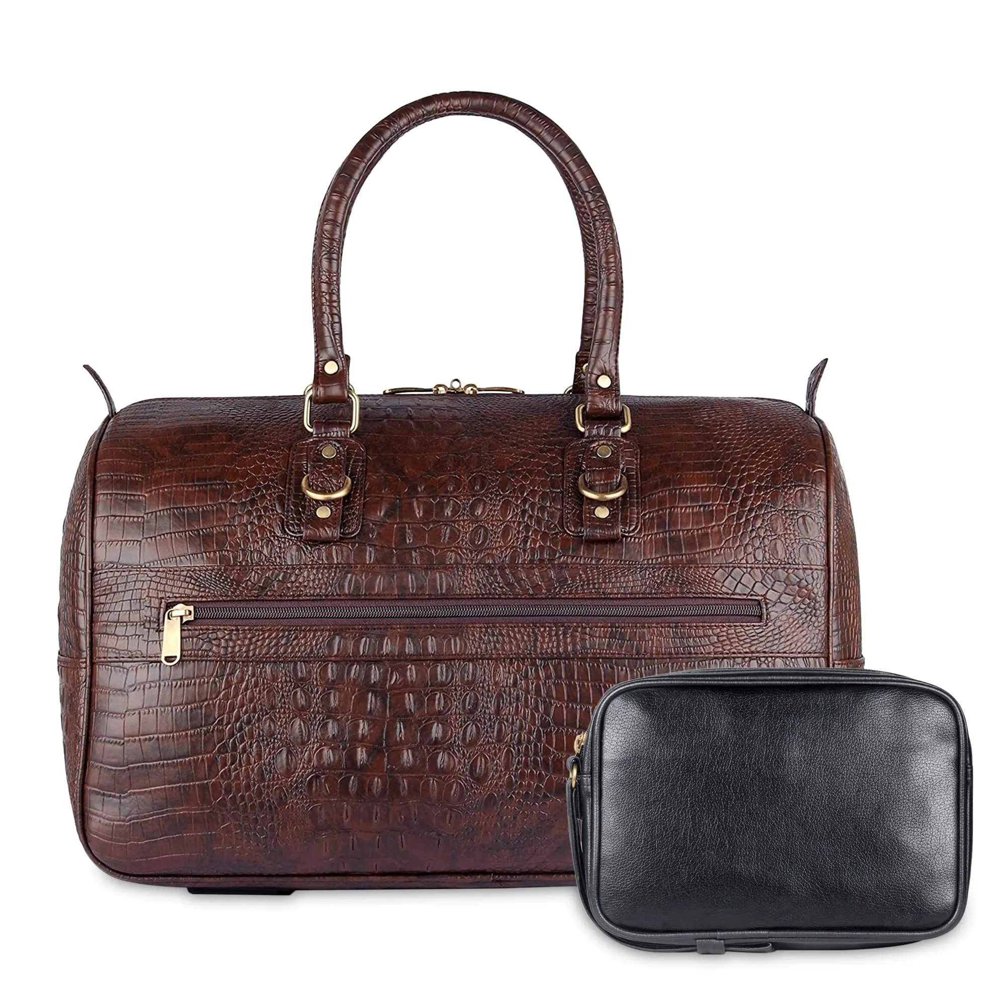 THE CLOWNFISH Men Combo Of Travel Accessories Pouch Cash Money Pouch Coin Purse (Black) & Crocodile Faux Leather 34 Ltr Travel Duffle Bag (Dark Brown)