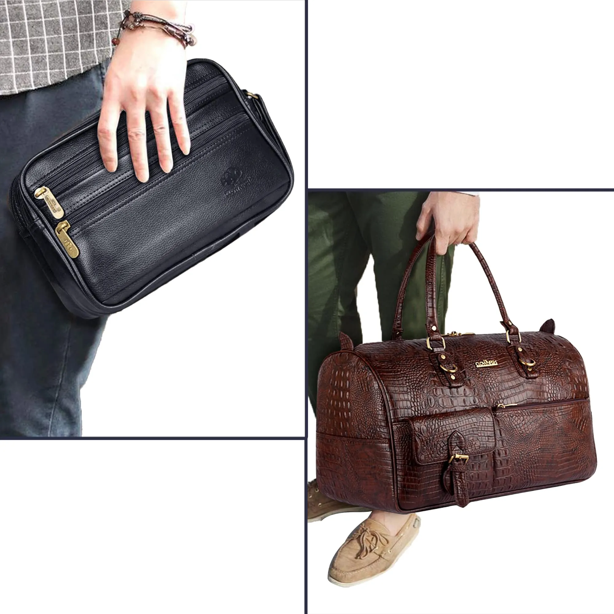 THE CLOWNFISH Men Combo Of Travel Accessories Pouch Cash Money Pouch Coin Purse (Black) & Crocodile Faux Leather 34 Ltr Travel Duffle Bag (Dark Brown)