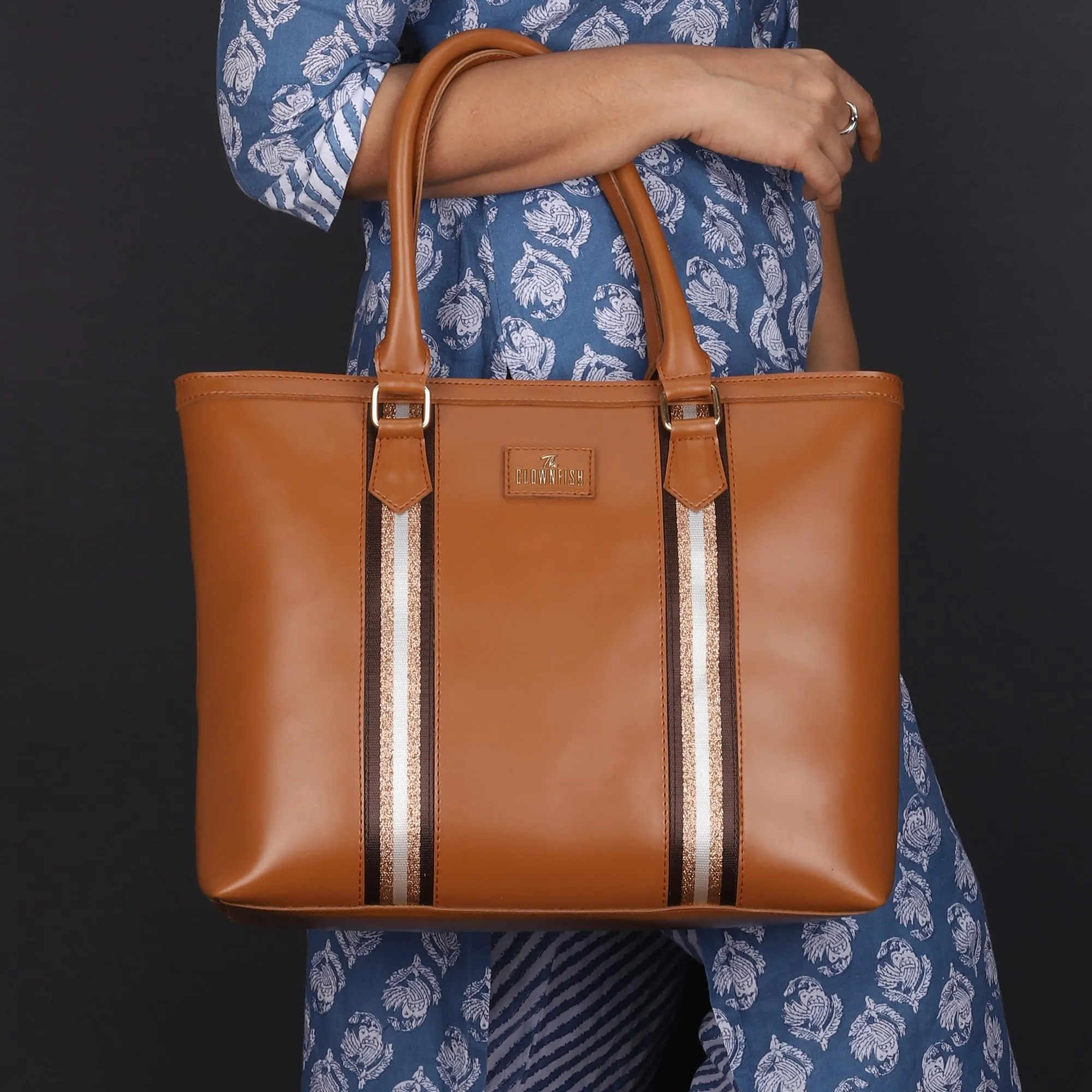 THE CLOWNFISH Sophitech Series Faux Leather 14 inch Laptop Handbag For Women Office Bag Hand Messenger Bag Tote Ladies Shoulder Bag For Women College Going Girls (Peanut Brown)