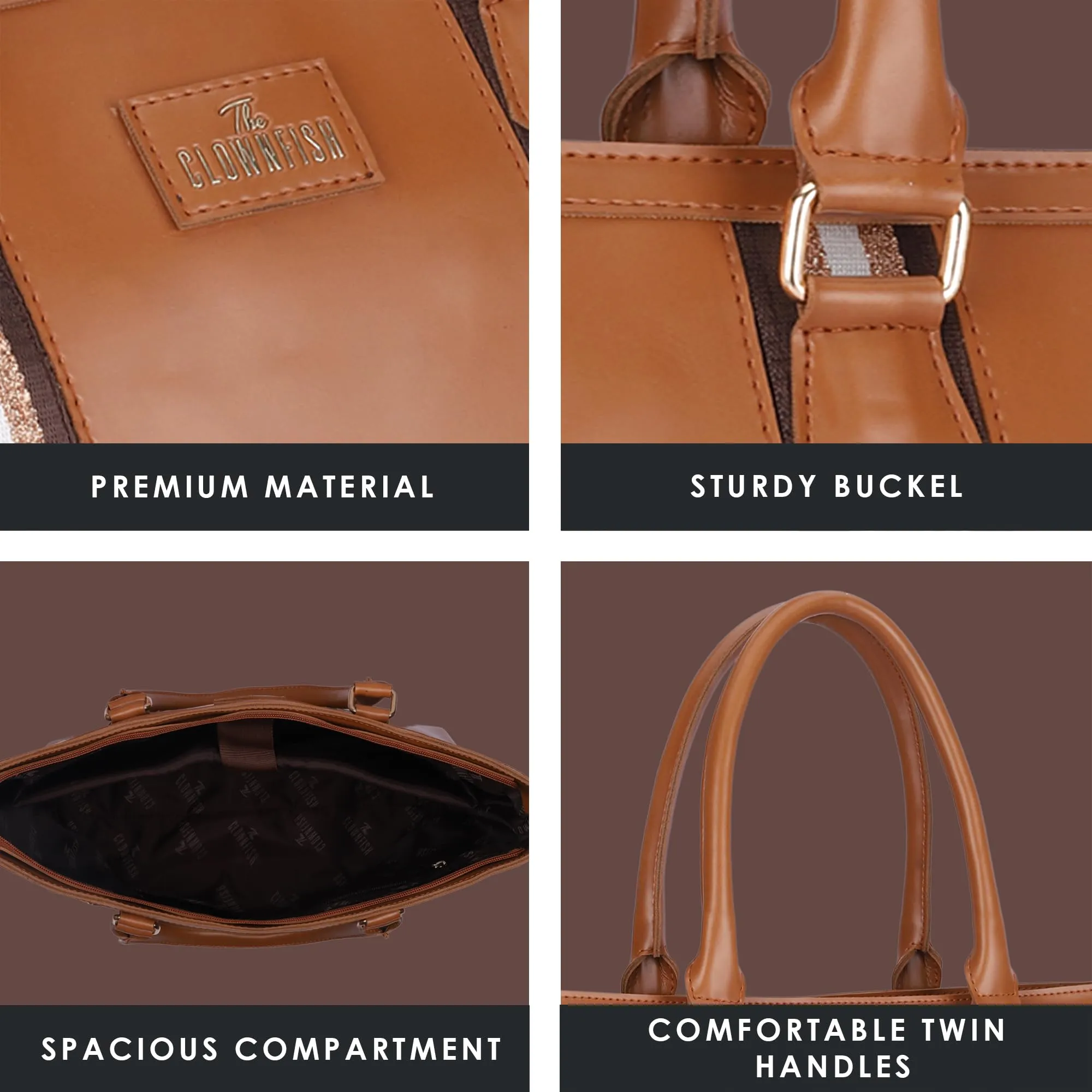 THE CLOWNFISH Sophitech Series Faux Leather 14 inch Laptop Handbag For Women Office Bag Hand Messenger Bag Tote Ladies Shoulder Bag For Women College Going Girls (Peanut Brown)