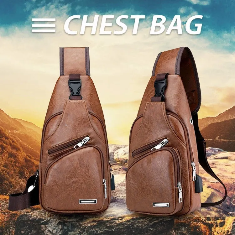 Waterproof Leisure PU Leather Single Shoulder Bag Men Chest Bag with USB Charging Port and Headphone Hole(Light Brown)