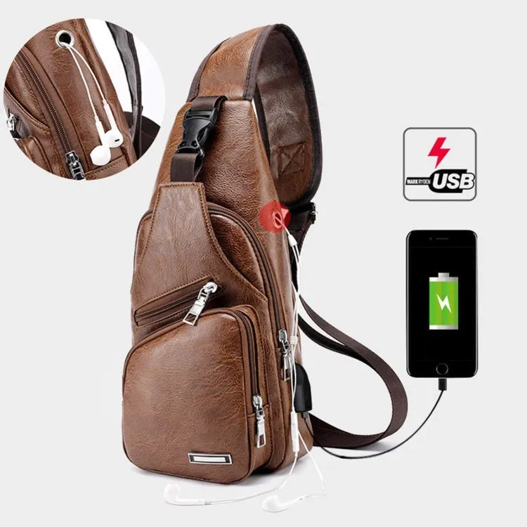 Waterproof Leisure PU Leather Single Shoulder Bag Men Chest Bag with USB Charging Port and Headphone Hole(Light Brown)
