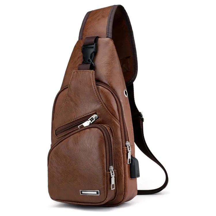 Waterproof Leisure PU Leather Single Shoulder Bag Men Chest Bag with USB Charging Port and Headphone Hole(Light Brown)