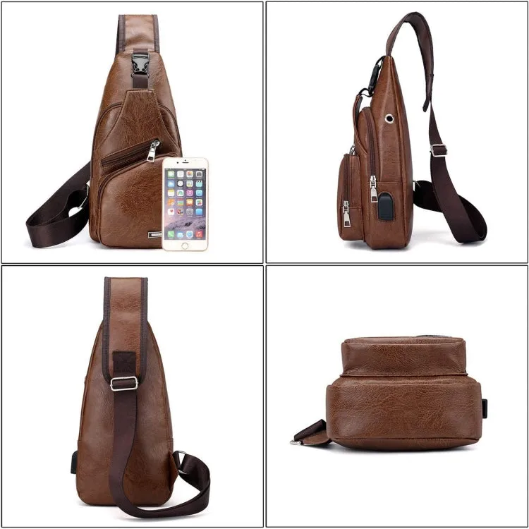 Waterproof Leisure PU Leather Single Shoulder Bag Men Chest Bag with USB Charging Port and Headphone Hole(Light Brown)