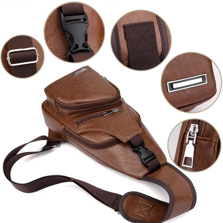 Waterproof Leisure PU Leather Single Shoulder Bag Men Chest Bag with USB Charging Port and Headphone Hole(Light Brown)